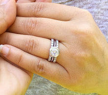 Load image into Gallery viewer, 14k white gold round cut natural diamonds engagement ring and two bands bezel set style wedding set, bridal set halo 1.50ctw