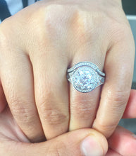 Load image into Gallery viewer, Large 14k white gold round cut moissanite and diamonds engagement ring and band, wedding bridal set, propose, anniversary, deco 3.00ct