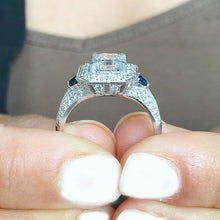 Load image into Gallery viewer, GIA/IGI Certified 14k White Gold Asscher, Round, And Trillion Cut Diamonds and Sapphire Engagement Ring Halo 2.00ctw F-VS2
