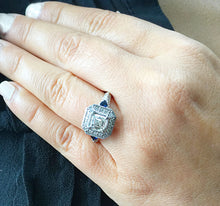 Load image into Gallery viewer, 14k White Gold Asscher, Round, And Trillion Cut Natural Diamonds and Sapphire Engagement Ring, Weding, Anniversary, Halo, Filigree 2.10ctw