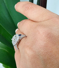 Load image into Gallery viewer, GIA/IGI Certified 14k White Gold Asscher, Round, And Trillion Cut Diamonds and Sapphire Engagement Ring Halo 2.00ctw F-VS2