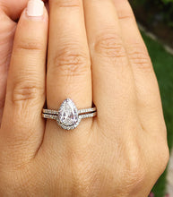 Load image into Gallery viewer, Women's 14k solid white gold pear and round cut natural diamond engagement ring and band bridal wedding set halo deco style 1.50ctw