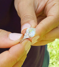 Load image into Gallery viewer, Elegant 14K White Gold Oval And Trillion Cut Forever One Moissanite Engagement Ring Deco Style, Bridal, Wedding, Anniversary, Propose 2.10ct