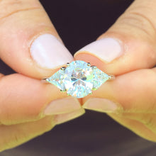 Load image into Gallery viewer, Elegant 14K White Gold Oval And Trillion Cut Forever One Moissanite Engagement Ring Deco Style, Bridal, Wedding, Anniversary, Propose 2.10ct