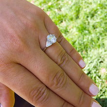 Load image into Gallery viewer, Elegant 14K White Gold Oval And Trillion Cut Forever One Moissanite Engagement Ring Deco Style, Bridal, Wedding, Anniversary, Propose 2.10ct