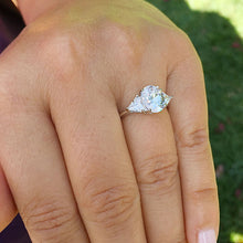 Load image into Gallery viewer, Elegant 14K White Gold Oval And Trillion Cut Forever One Moissanite Engagement Ring Deco Style, Bridal, Wedding, Anniversary, Propose 2.60ct