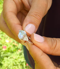 Load image into Gallery viewer, Elegant 14K White Gold Oval And Trillion Cut Forever One Moissanite Engagement Ring Deco Style, Bridal, Wedding, Anniversary, Propose 2.10ct