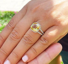 Load image into Gallery viewer, Huge Women's 14k solid white and yellow gold cushion cut yellow citrine and natural diamond engagement ring Bridal Wedding Halo 4.80ctw