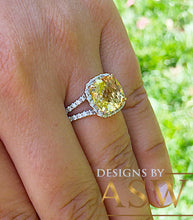 Load image into Gallery viewer, Huge Women's 14k solid white and yellow gold cushion cut yellow citrine and natural diamond engagement ring Bridal Wedding Halo 4.80ctw