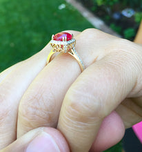 Load image into Gallery viewer, 14k Solid Yellow Gold Round Cut Ruby And Diamond Antique Design Halo Deco Ring Bridal Wedding Anniversary Halo Natural Diamonds 2.50ctw