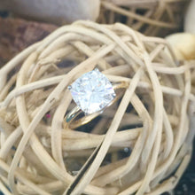 Load image into Gallery viewer, Large Four Carat set in 14k solid yellow gold cushion cut forever one moissanite engagement ring solitaire, bridal set, wedding, anniversary