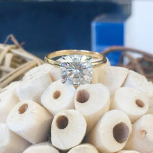 Load image into Gallery viewer, Large Four Carat set in 14k solid yellow gold cushion cut forever one moissanite engagement ring solitaire, bridal set, wedding, anniversary
