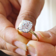 Load image into Gallery viewer, Large Four Carat set in 14k solid yellow gold cushion cut forever one moissanite engagement ring solitaire, bridal set, wedding, anniversary