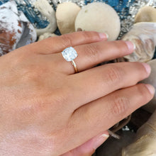 Load image into Gallery viewer, Large Four Carat set in 14k solid yellow gold cushion cut forever one moissanite engagement ring solitaire, bridal set, wedding, anniversary