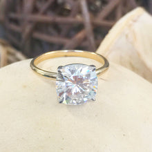 Load image into Gallery viewer, Large Four Carat set in 14k solid yellow gold cushion cut forever one moissanite engagement ring solitaire, bridal set, wedding, anniversary