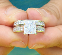 Load image into Gallery viewer, 14K Solid And Heavy White Gold Princess Cut Forever One Moissanite And Natural Princess Cut Diamonds Engagement Ring And Band Bridal 2.85ctw