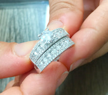 Load image into Gallery viewer, 14k white gold round natural diamond and forever one moissaite engagement ring and band art deco antique style, bridal, wedding, 2.50ctw