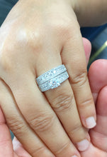 Load image into Gallery viewer, 14k white gold round natural diamond and forever one moissaite engagement ring and band art deco antique style, bridal, wedding, 2.50ctw