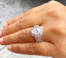 Load image into Gallery viewer, 14k solid white gold pear shape moissanite and natural diamond engagement ring art deco halo prong set, propose, promise 4.40ctw