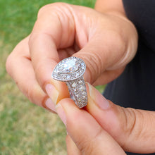 Load image into Gallery viewer, 14k solid white gold pear shape moissanite and natural diamond engagement ring art deco halo prong set, propose, promise 4.40ctw