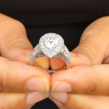 Load image into Gallery viewer, 14k solid white gold pear shape forever one moissanite and natural diamond engagement ring art deco halo prong set, propose, promise 4.40ctw