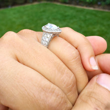 Load image into Gallery viewer, 14k solid white gold pear shape moissanite and natural diamond engagement ring art deco halo prong set, propose, promise 4.40ctw
