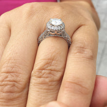 Load image into Gallery viewer, 14K White Gold Round Cut Moissanite and Natural Diamonds Engagement Ring Deco Halo, Bridal, Wedding, Split Band, Annivesary 2.10ctw