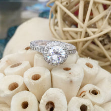 Load image into Gallery viewer, 14K White Gold Round Cut Moissanite and Natural Diamonds Engagement Ring Deco Halo, Bridal, Wedding, Split Band, Annivesary 2.10ctw