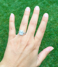 Load image into Gallery viewer, 14k solid white gold emerald cut forever one moissanite and natural round & baguettes diamond engagement ring deco halo bridal wedding 2.45