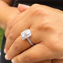 Load image into Gallery viewer, GIA/IGI Certified 14k Solid White Gold Emerald Cut Round & Baguettes Diamond Engagement Ring Deco Halo Bridal Wedding 2.70ctw F-VS2