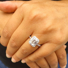 Load image into Gallery viewer, GIA/IGI Certified 14k Solid White Gold Emerald Cut Round & Baguettes Diamond Engagement Ring Deco Halo Bridal Wedding 2.70ctw F-VS2