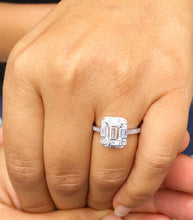 Load image into Gallery viewer, 14k solid white gold emerald cut forever one moissanite and natural round & baguettes diamond engagement ring deco halo bridal wedding 2.45