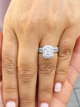Load image into Gallery viewer, 14k white gold emerald cut forever one moissanite and round cut natural diamond engagement ring halo Wedding, Bridal, deco 2.00ct