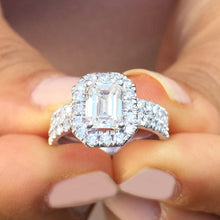 Load image into Gallery viewer, 14k white gold emerald cut forever one moissanite and round cut natural diamond engagement ring halo Wedding, Bridal, deco 2.00ct