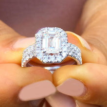 Load image into Gallery viewer, 14k white gold emerald cut forever one moissanite and round cut natural diamond engagement ring halo Wedding, Bridal, deco 2.00ct