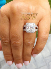 Load image into Gallery viewer, 14k solid heavy white gold princess cut forever one moissanite and natural diamonds engagement ring prong set Bridal Wedding Halo 3.70ctw