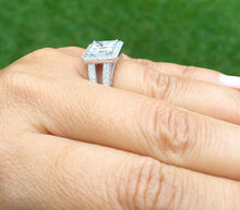 Load image into Gallery viewer, 14k solid heavy white gold princess cut moissanite and natural round cut diamonds engagement ring prong set Bridal Wedding Halo 3.70ctw