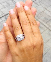 Load image into Gallery viewer, 14k solid heavy white gold princess cut moissanite and natural round cut diamonds engagement ring prong set Bridal Wedding Halo 3.70ctw