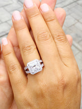 Load image into Gallery viewer, 14k solid heavy white gold princess cut moissanite and natural round cut diamonds engagement ring prong set Bridal Wedding Halo 3.70ctw