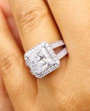 Load image into Gallery viewer, 14k solid heavy white gold princess cut forever one moissanite and natural diamonds engagement ring prong set Bridal Wedding Halo 3.70ctw