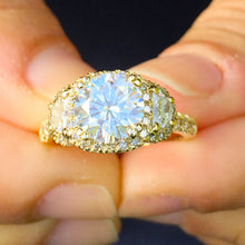 Load image into Gallery viewer, 14k solid yellow gold round cut Moissanite and natural round and half moon cut diamond engagement ring deco Bridal Wedding Anniversary 2.50