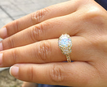 Load image into Gallery viewer, 14k yellow gold round cut Forever One Moissanite and diamond engagement ring deco Bridal Wedding Anniversary Halo Half Moon Cut 2.50ctw