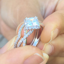 Load image into Gallery viewer, Twisted shank style 14K solid white gold princess cut moissanite and natural diamond engagement ring and band halo bridal wedding set 1.80ct