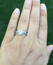 Load image into Gallery viewer, Twisted shank style 14K solid white gold princess cut moissanite and natural diamond engagement ring and band halo bridal wedding set 1.80ct