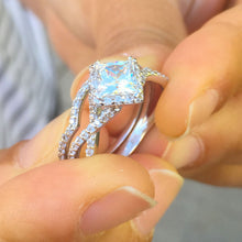 Load image into Gallery viewer, Twisted shank style 14K solid white gold princess cut moissanite and natural diamond engagement ring and band halo bridal wedding set 1.80ct