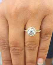Load image into Gallery viewer, Elegant 14k yellow gold round cut moissanite and diamond engagement ring prong deco Bridal Wedding Halo Natural Diamonds 1.50ctw