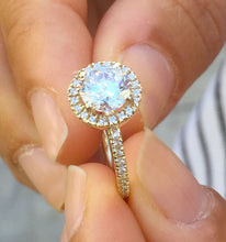 Load image into Gallery viewer, Elegant 14k yellow gold round cut forever one moissanite and diamond engagement ring prong deco Bridal Wedding Halo Natural Diamonds 1.50ctw