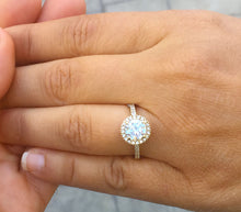 Load image into Gallery viewer, Elegant 14k yellow gold round cut forever one moissanite and diamond engagement ring prong deco Bridal Wedding Halo Natural Diamonds 1.50ctw