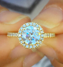 Load image into Gallery viewer, Elegant 14k yellow gold round cut moissanite and diamond engagement ring prong deco Bridal Wedding Halo Natural Diamonds 1.50ctw