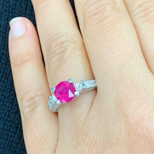 Load image into Gallery viewer, 14k White Gold Ruby And Round Cut Diamonds Antique Deco Design Ring, engagement, anniversary, wedding, prong set, halo, propose 3.25ctw